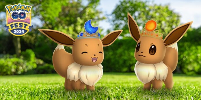 Eevee wearing a sun crown and Eevee wearing a moon crown make their Pokémon GO debuts in the Pokémon GO Fest 2024 live events