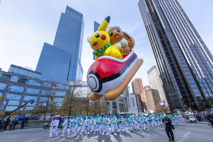 The Pokémon Company will return for its 24th consecutive year to the Macy’s Thanksgiving Day Parade on November 28 in New York City featuring the Pokémon balloon of Pikachu and Eevee riding a Poké Ball-inspired sled