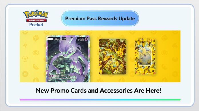 New Premium Pass Rewards now available in Pokémon TCG Pocket featuring cute new Pikachu accessories, new promo cards including Mewtwo Promo and more