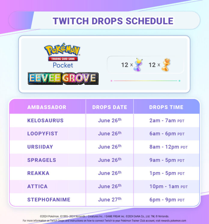You can tune in on Twitch starting June 26 to get Pokémon TCG Pocket pack hourglasses and wonder hourglasses to celebrate Eevee Grove