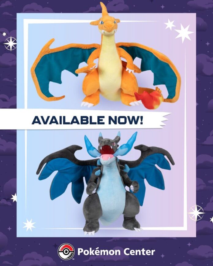 New Mega Charizard X Poké Plush and Mega Charizard Y Poké Plush available now at the official Pokémon Center