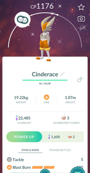Pokémon GO screenshot of Shiny Cinderace that knows the Pokémon GO Community Day exclusive move Blast Burn Pokémon GO screenshot of Shiny Cinderace that knows the Pokémon GO Community Day exclusive move Blast Burn
