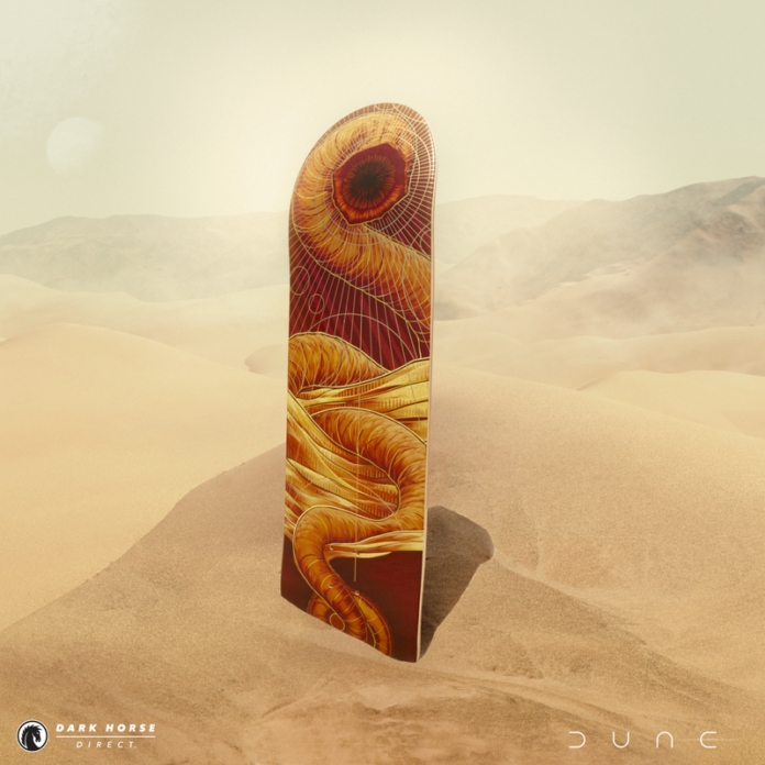 Prepare to ride the colossal Sandworms of the Dune" movie franchise with the all-new "Dune" Skate Deck—Shai-Hulud byDark Horse Direct!